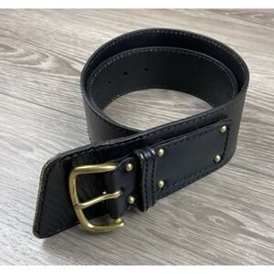 Linea Pelle Women's Leather Studded Wide Belt Gold Tone Buckle Black Large